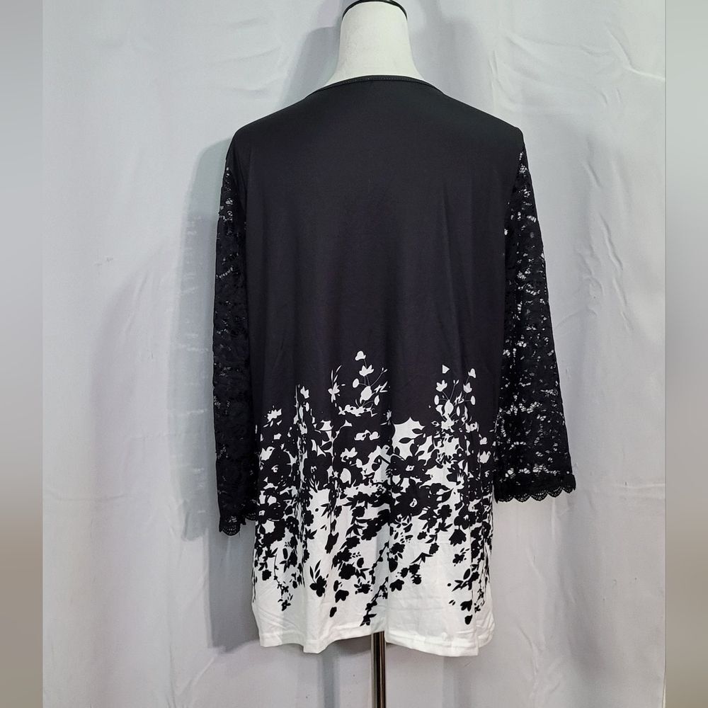 Women's NWOT Black Floral Lace 3/4 Sleeve V-Neck Tunic Top Size 3XL 🐈 - Picture 8 of 9